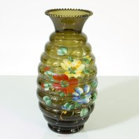 Vase Vintage Côtelé Vert Olive Décor Floral Peint 1960