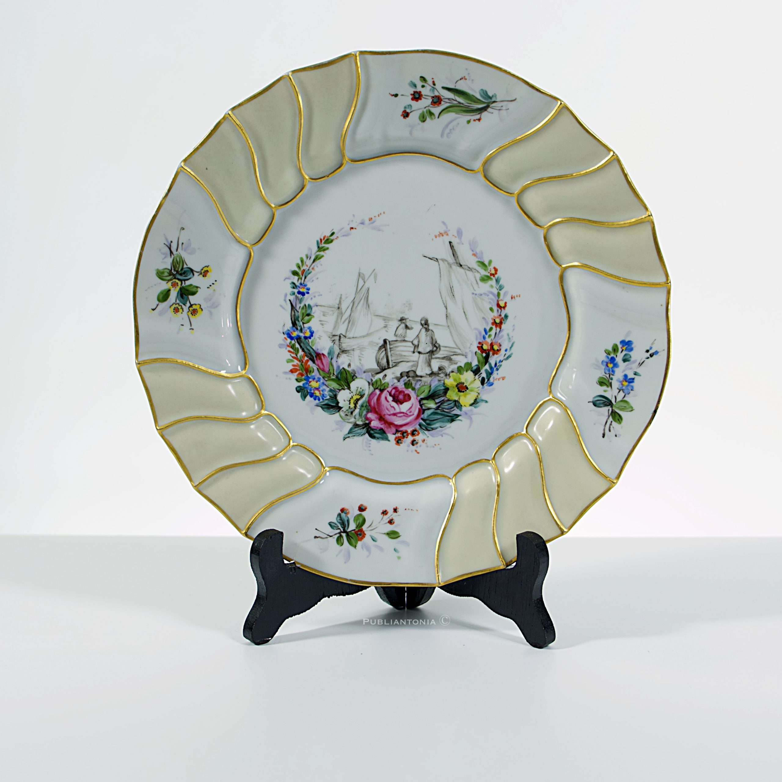 Assiette Porcelaine Décor Main XXe Siècle Marine & Fleurs