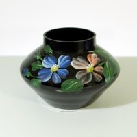 Vase Booms Verre 1950 Noir Hyalite Décor Floral Peint Main
